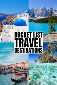 The image is a travel-themed collage with the title “Bucket List Travel Destinations” in bold black letters in the center. It features five iconic travel destinations: Top Left – Santorini, Greece: Recognizable by the whitewashed buildings with blue domes perched on a cliffside overlooking the Aegean Sea. Top Right – Moraine Lake, Canada: Turquoise blue lake surrounded by pine trees and rugged, snow-dusted mountains. Bottom Left – Venice, Italy: A gondola on the Grand Canal with the iconic Rialto Bridge in the background. Bottom Right – Maldives or Bora Bora: A tropical beach with palm trees, white sand, and crystal-clear water with colorful fish. Bottom Center (overlapping with the tropical scene) – An underwater view with tropical fish, likely representing a snorkeling or scuba diving spot. At the bottom, there’s a website watermark: aonewayticket.com.
