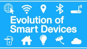 Icons of smart technology including Wi-Fi, Bluetooth, cloud, and home automation around the text "Evolution of Smart Devices" on a blue background.