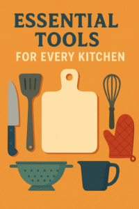 Book cover titled “Essential Tools for Every Kitchen,” featuring a flat-style illustration on an orange background with kitchen items including a chef’s knife, spatula, cutting board, whisk, oven mitt, colander, and measuring jug arranged symmetrically around the center.
