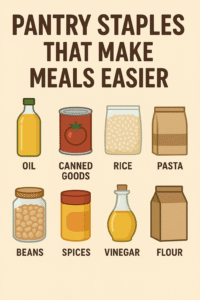 "Illustrated graphic with the title 'Pantry Staples That Make Meals Easier' featuring icons of food items like rice, pasta, canned goods, and spices arranged neatly."