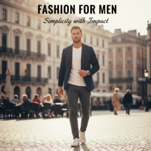 A stylish woman walking confidently in an urban setting, wearing a cream trench coat over a dark teal silk blouse, black tailored pants, a wide brown leather belt, and carrying a structured brown leather handbag. The text overlay reads, "FASHION FOR WOMEN Elegance Meets Versatility."