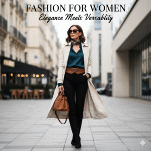 Woman in a trench coat, teal blouse, and black pants, carrying a brown designer handbag.