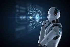 A humanoid robot in a thinking pose analyzing futuristic digital data displayed on a transparent screen.** 