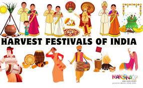 Collage poster titled 'Popular Religious Festivals of India' featuring images of Hindu deities, Buddha, Mahavira, Guru Nanak, Eid Mubarak crescent moon, Christmas decorations, Raksha Bandhan, festive foods, and a child dressed in traditional attire."