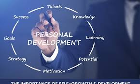 "Business professional writing the words 'Personal Development' on a transparent screen, surrounded by terms like talents, knowledge, learning, goals, and success."
