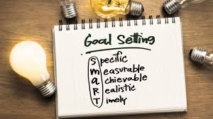 "Notebook with the title Goal Setting showing SMART goals: Specific, Measurable, Achievable, Realistic, and Timely, placed beside glowing light bulbs."