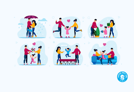 Six vignettes illustrating positive parenting and strong family bonds, including outdoor activities and quality time together.