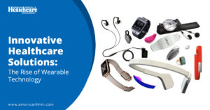 Innovative healthcare solutions showcasing the rise of wearable technology, featuring smartwatches, fitness trackers, earbuds, and other health monitoring devices.** 